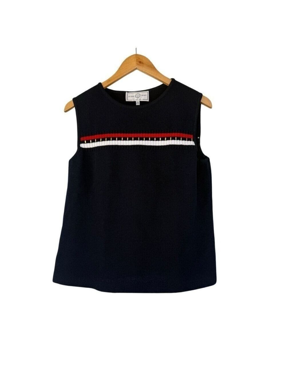 St John Sport Sleeveless Knit Sweater Navy Red/White/Gold Trim SzL